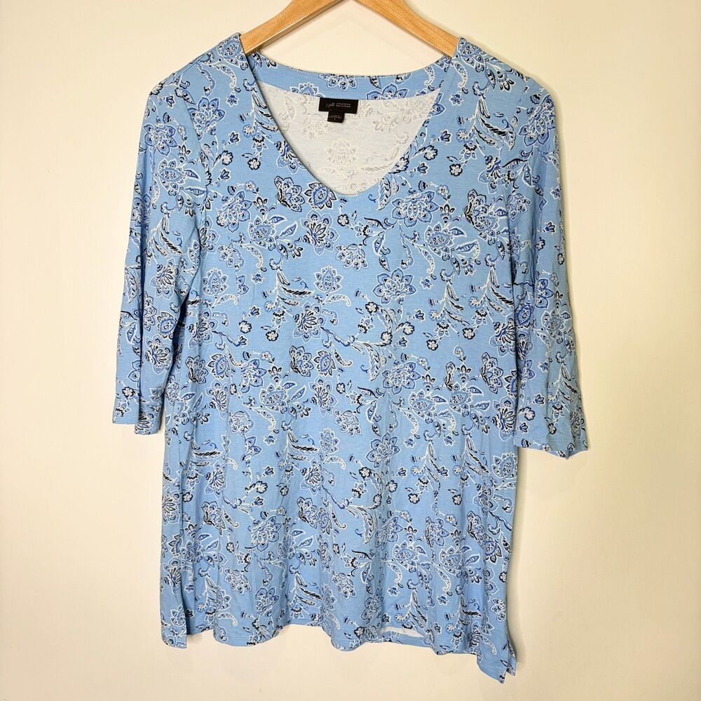 J Jill Wearever Collection Shirt Knit Stretchy V-Neck Paisley Light Blue Women S